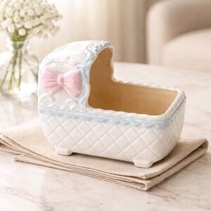 Ceramic White Baby Bassinet Planter with Pink Bow